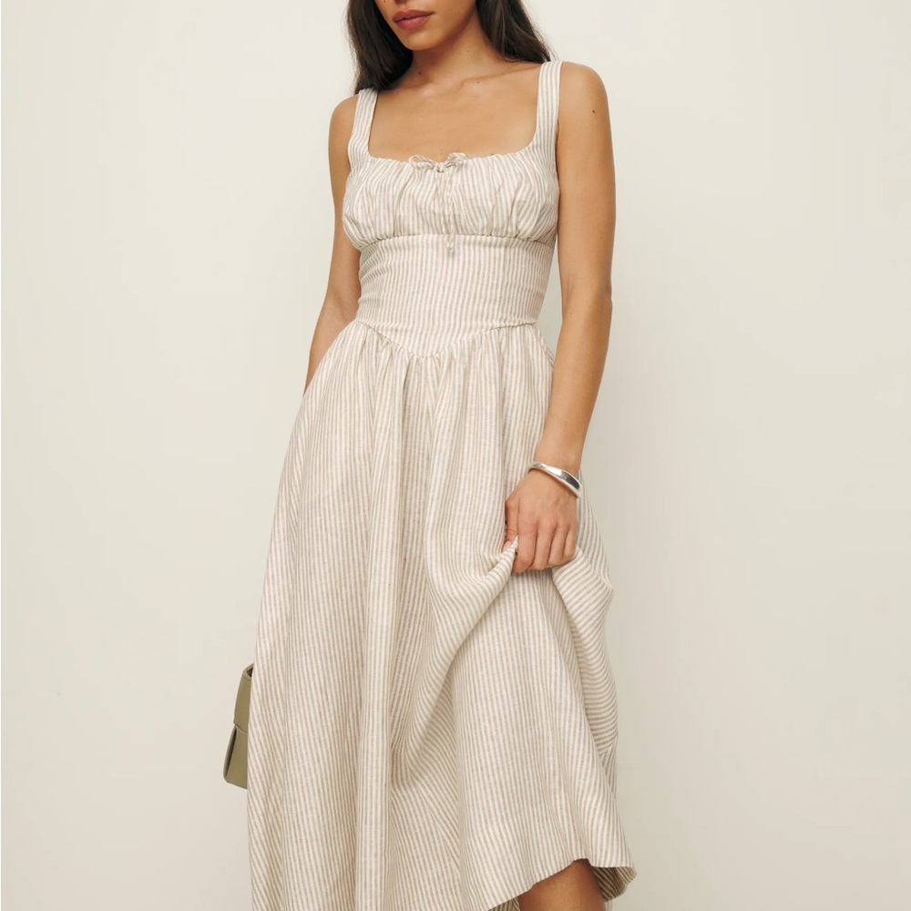 Reformation Balia Linen Midi Dress in Sandy Stripe  | size 0